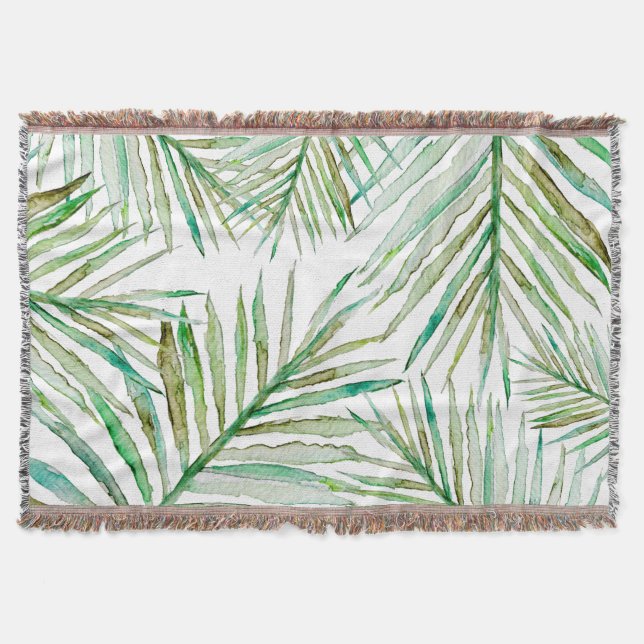 Watercolor Tropical Palm Leaf Throw Blanket (Front)