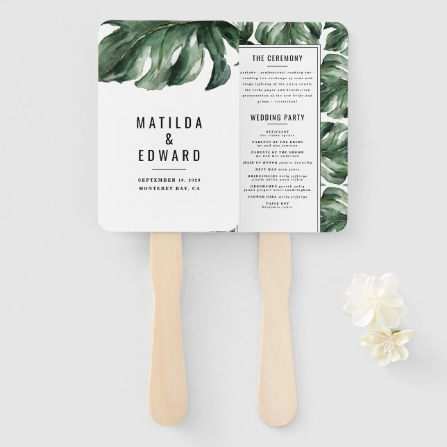 Watercolor tropical palm leaf wedding hand fan (Front and Back)