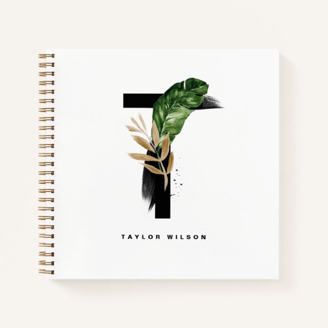 Watercolor Tropical Palm Leaves Letter T Monogram Notebook (Front)