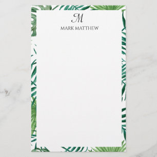 Watercolor Tropical Palm Leaves Monogram  Stationery