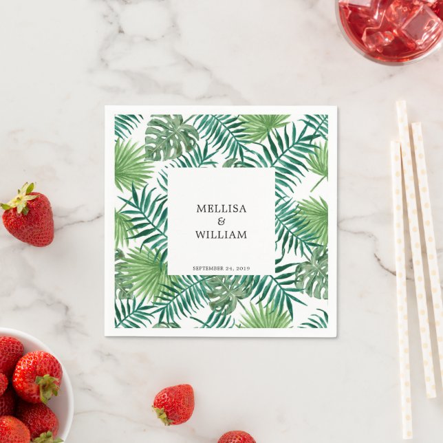 Watercolor tropical palm leaves wedding napkin (Insitu)