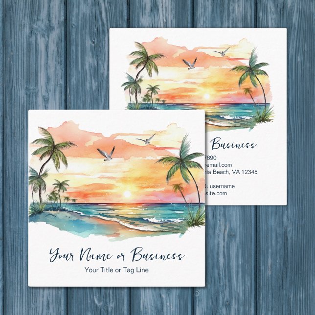 Watercolor Tropical Palm Tree Beach Sunset Square Business Card (Watercolor Tropical Palm Tree Beach Sunset Square Business Card)