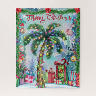 Watercolor Tropical Palm Tree Christmas Jigsaw Puzzle