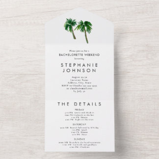 Watercolor Tropical Palm Trees Bachelorette All In One Invitation