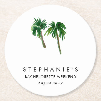 Watercolor Tropical Palm Trees Bachelorette Round Paper Coaster