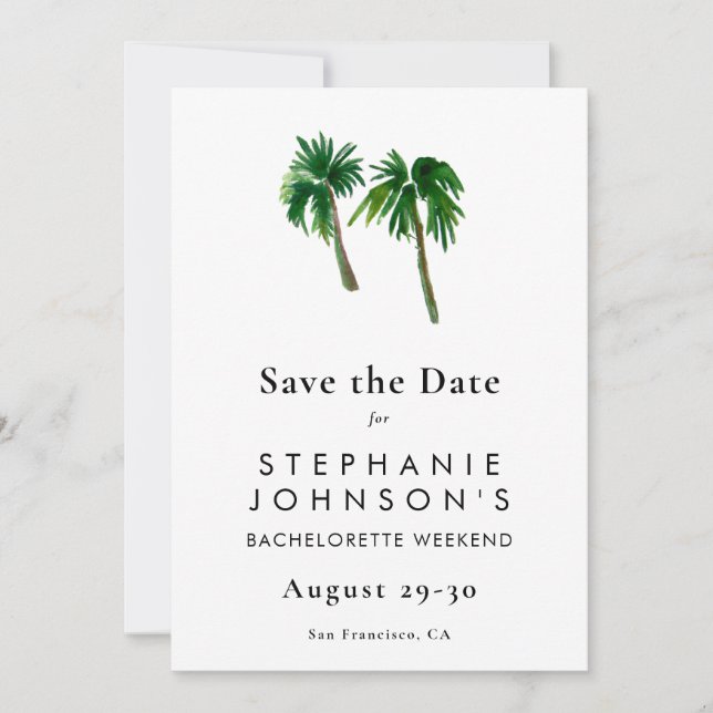 Watercolor Tropical Palm Trees  Bachelorette Save The Date (Front)