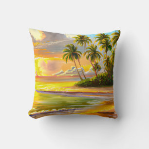 Watercolor Tropical Palm Trees Beach Sunset  Throw Pillow