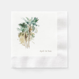 Watercolor Tropical Palm Trees Coined Wedding Napkin