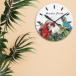 Watercolor Tropical Parrot Macaw  Round Clock<br><div class="desc">This design was created though digital art. It may be personalized in the area provide or customizing by choosing the click to customize further option and changing the name, initials or words. You may also change the text colour and style or delete the text for an image only design. Contact...</div>