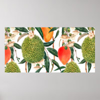 Watercolor tropical pattern, durian fruit, mango o