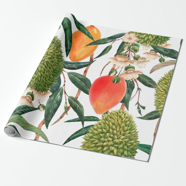 Watercolor tropical pattern, durian fruit, mango o wrapping paper (Unrolled)