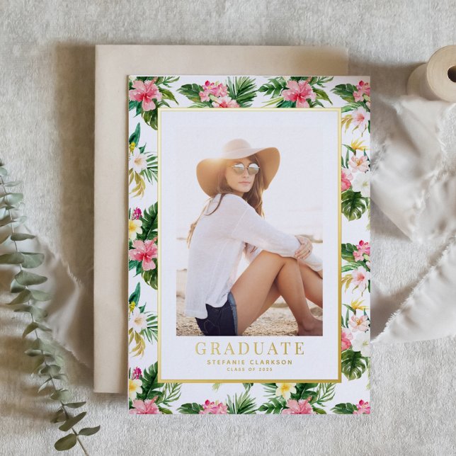 Watercolor Tropical Pattern Photo Graduation (Customizable gold foil graduation announcement featuring watercolor tropical pattern)