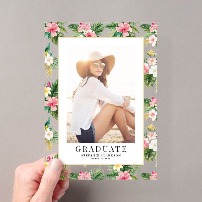 Watercolor Tropical Pattern Photo Graduation Acrylic Invitations (Insitu (Handheld))