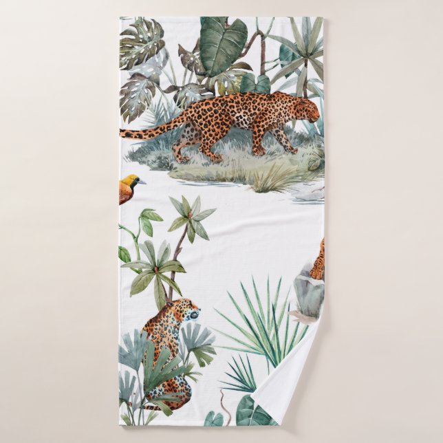 Watercolor tropical pattern with a leopard animal, bath towel (Bath Towel)