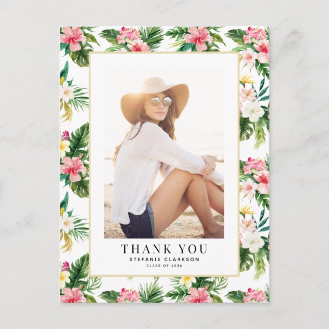 Watercolor Tropical Photo Graduation Thank You Postcard (Front)