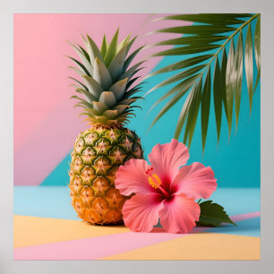 Watercolor Tropical Pineapple & Hibiscus Flower Poster
