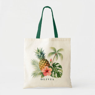 Watercolor Tropical Pineapple & Hibiscus Name Tote Bag