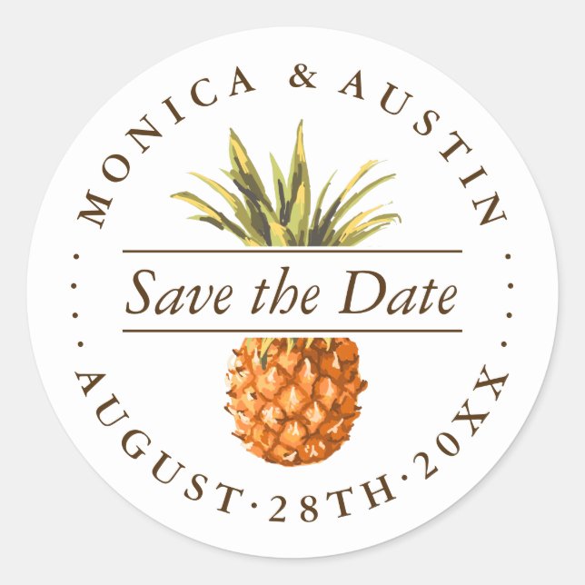 Watercolor Tropical Pineapple Save the Date Classic Round Sticker (Front)