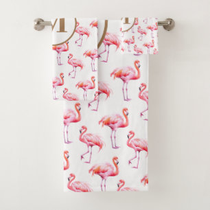 Watercolor Tropical Pink Flamingo   Custom Initial Bath Towel Set