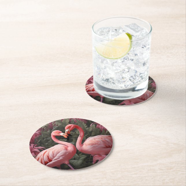 Watercolor Tropical Pink Flamingo Romance Round Paper Coaster (Insitu)
