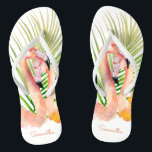 Watercolor Tropical Pink Flamingos with Your Name Flip Flops<br><div class="desc">Escape to a tropical paradise with this unique pair of personalized flip flops featuring a pair of showy pink flamingos and palm fronds. Edit the sample name shown in the design template for both the left and right shoe. These make wonderful gifts for all occasions and are especially nice for...</div>