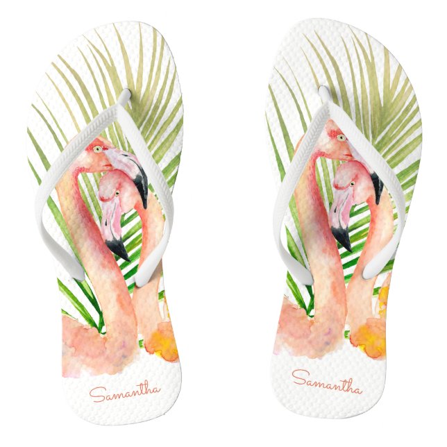 Watercolor Tropical Pink Flamingos with Your Name Flip Flops (Footbed)