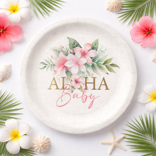 Watercolor Tropical Pink Floral Aloha Baby Shower Paper Plate