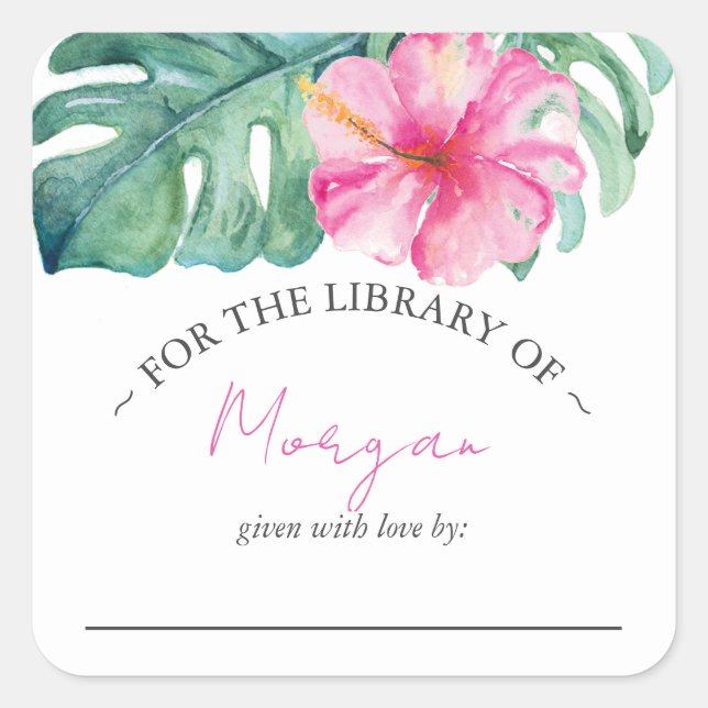 Watercolor Tropical Pink Flower Bookplate Square Sticker (Front)