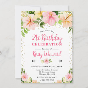 Watercolor Tropical Pink Flowers 21st Birthday Invitation