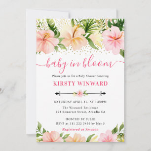 Watercolor Tropical Pink Flowers Baby Shower Invitation