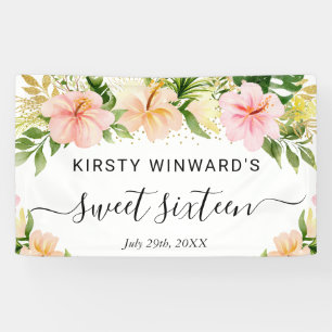 Watercolor Tropical Pink Flowers Sweet Sixteen Banner