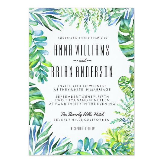 Watercolor Tropical Plants Leaves Wedding Invite
