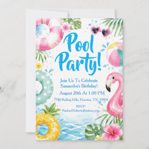 Watercolor Tropical Pool Birthday Party Invitation