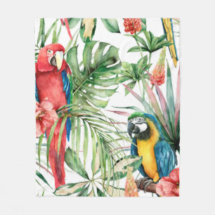 Watercolor tropical seamless pattern with parrots fleece blanket
