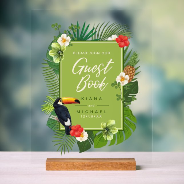 Watercolor Tropical Sign Guest Book Green ID577 (Neutral)