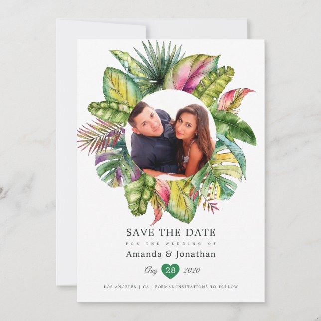 Watercolor Tropical Summer Beach Wedding Photo Save The Date (Front)