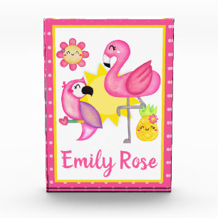 Watercolor Tropical Summer Flamingo & Parrot Photo Block