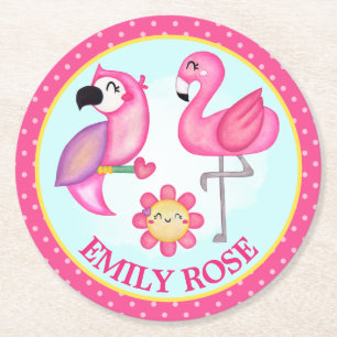 Watercolor Tropical Summer Flamingo & Parrot Round Paper Coaster