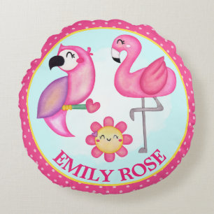 Watercolor Tropical Summer Flamingo & Parrot Round Pillow