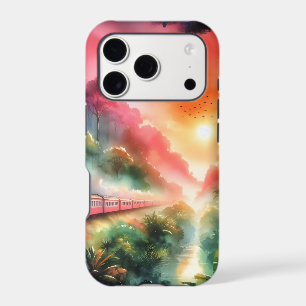 Watercolor Tropical Sunset Train Journey