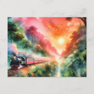 Watercolor Tropical Sunset Train Journey Announcement Postcard