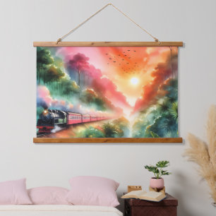Watercolor Tropical Sunset Train Journey Hanging Tapestry