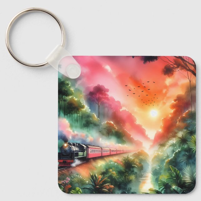 Watercolor Tropical Sunset Train Journey Keychain (Front)