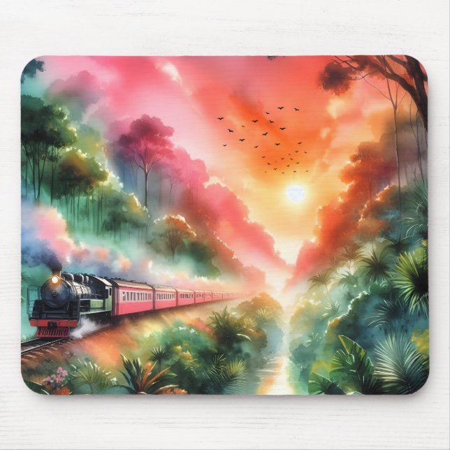 Watercolor Tropical Sunset Train Journey Mouse Pad (Front)