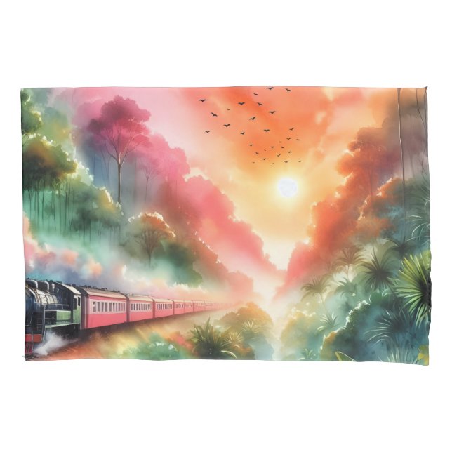 Watercolor Tropical Sunset Train Journey Pillowcase (Front)