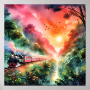 Watercolor Tropical Sunset Train Journey Poster