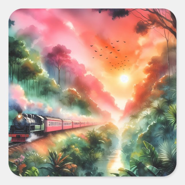 Watercolor Tropical Sunset Train Journey Square Sticker (Front)