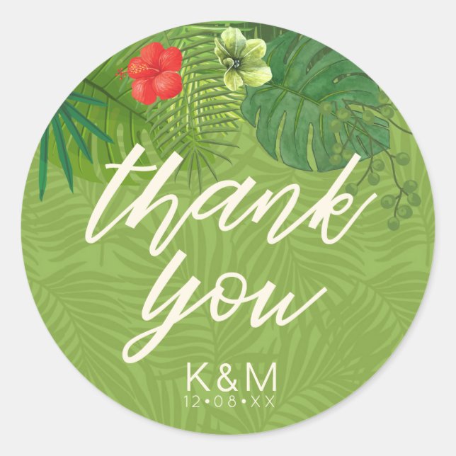 Watercolor Tropical Thank You Green ID577 Classic Round Sticker (Front)