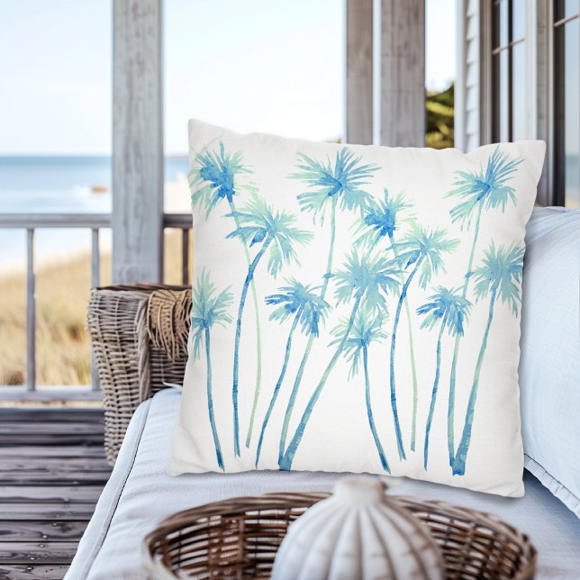 Watercolor Tropical Turquoise Palm Trees Throw Pillow (Creator Uploaded)