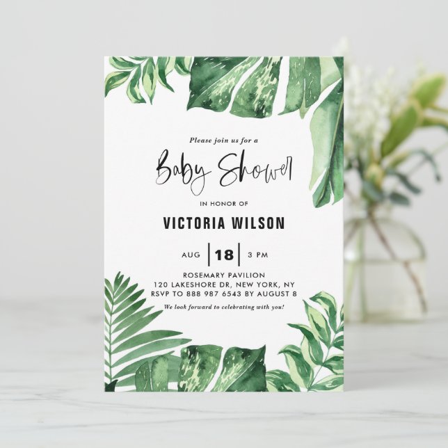 Watercolor Tropical Variegated Leaves Baby Shower Invitation (Standing Front)